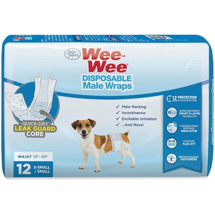Four Paws Wee Wee Disposable Male Dog Wraps - X-Small/Small - 12 Pack - (Fits Waists up to 15