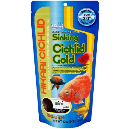 Hikari Cichlid Gold Color Enhancing Sinking Fish Food - Mini Pellet - 12 oz