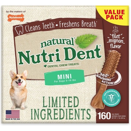 Nylabone Natural Nutri Dent Filet Mignon Dental Chews - Limited Ingredients - MIni - 160 Count