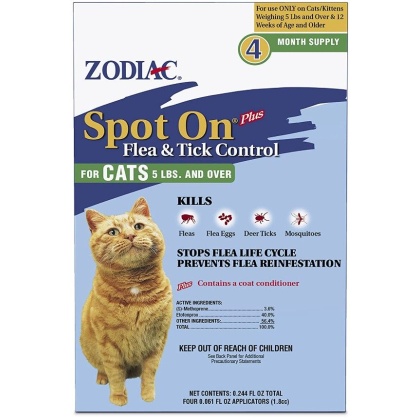Zodiac Spot on Plus Flea & Tick Control for Cats & Kittens - Cats over 5 lbs (4 Pack)