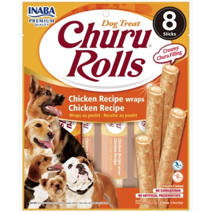 Inaba Churu Rolls Dog Treat Chicken Recipe wraps Chicken Recipe - 8 count