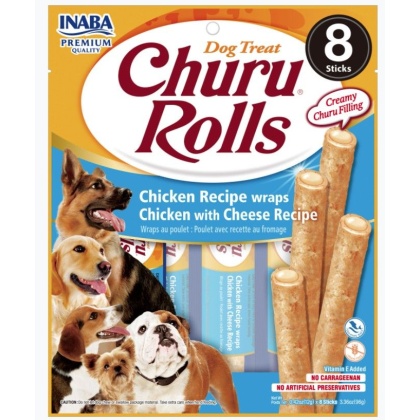 Inaba Churu Rolls Dog Treat Chicken Recipe wraps Chicken with Cheese Recipe - 8 count