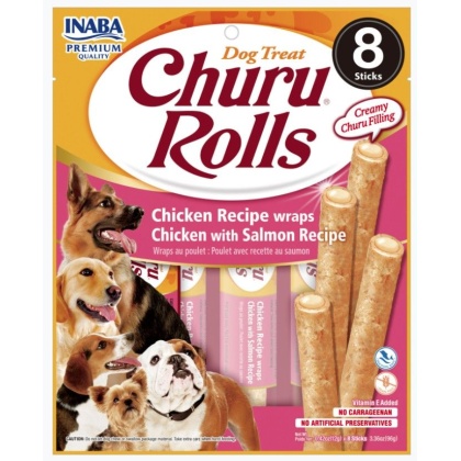 Inaba Churu Rolls Dog Treat Chicken Recipe wraps Chicken with Salmon Recipe - 8 count