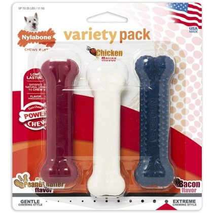 Nylabone Dura Chew Bones - Assorted Flavors - 3 Pack - Peanut Butter, Chicken & Bacon Flavors - (Dogs up to 25 lbs)